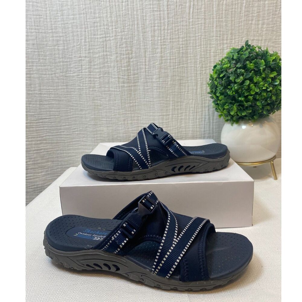 Skechers Reggae Slide Thru Sandals Women Sz 8 Navy Blue Comfort Travel Vacation